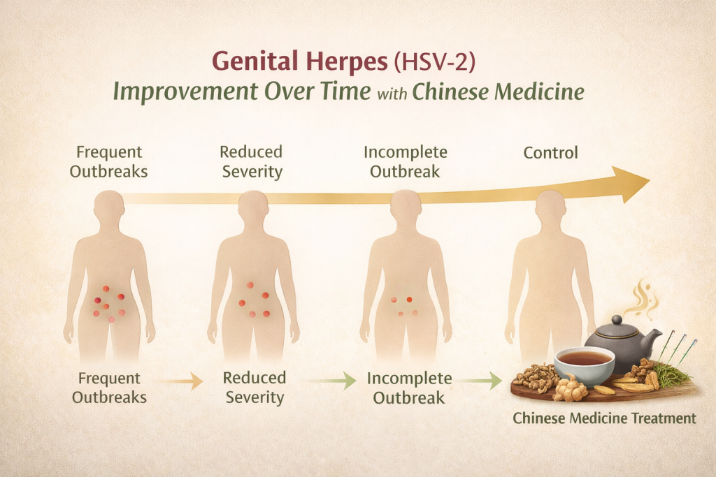 Genital herpes HSV-2 improvement over time with Chinese medicine showing reduced and incomplete outbreaks