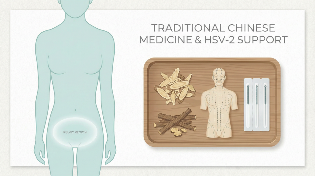TraditionalChinese medicine herbs  used to treat genital herpes HSV‑2 in a TCM clinic setting